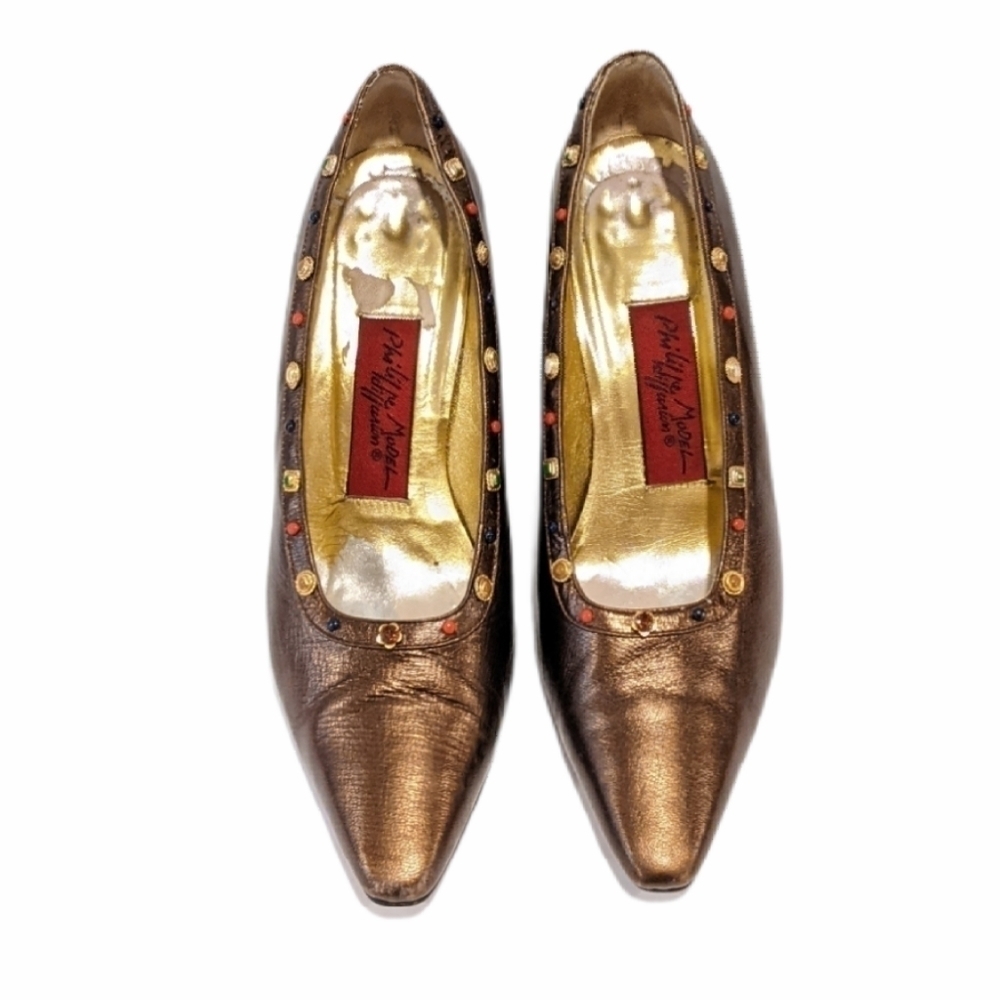 2/$20 Philippe Model Bronze Mettalic Leather Pointy Toe Heels Sz 6.5 Stud Detail